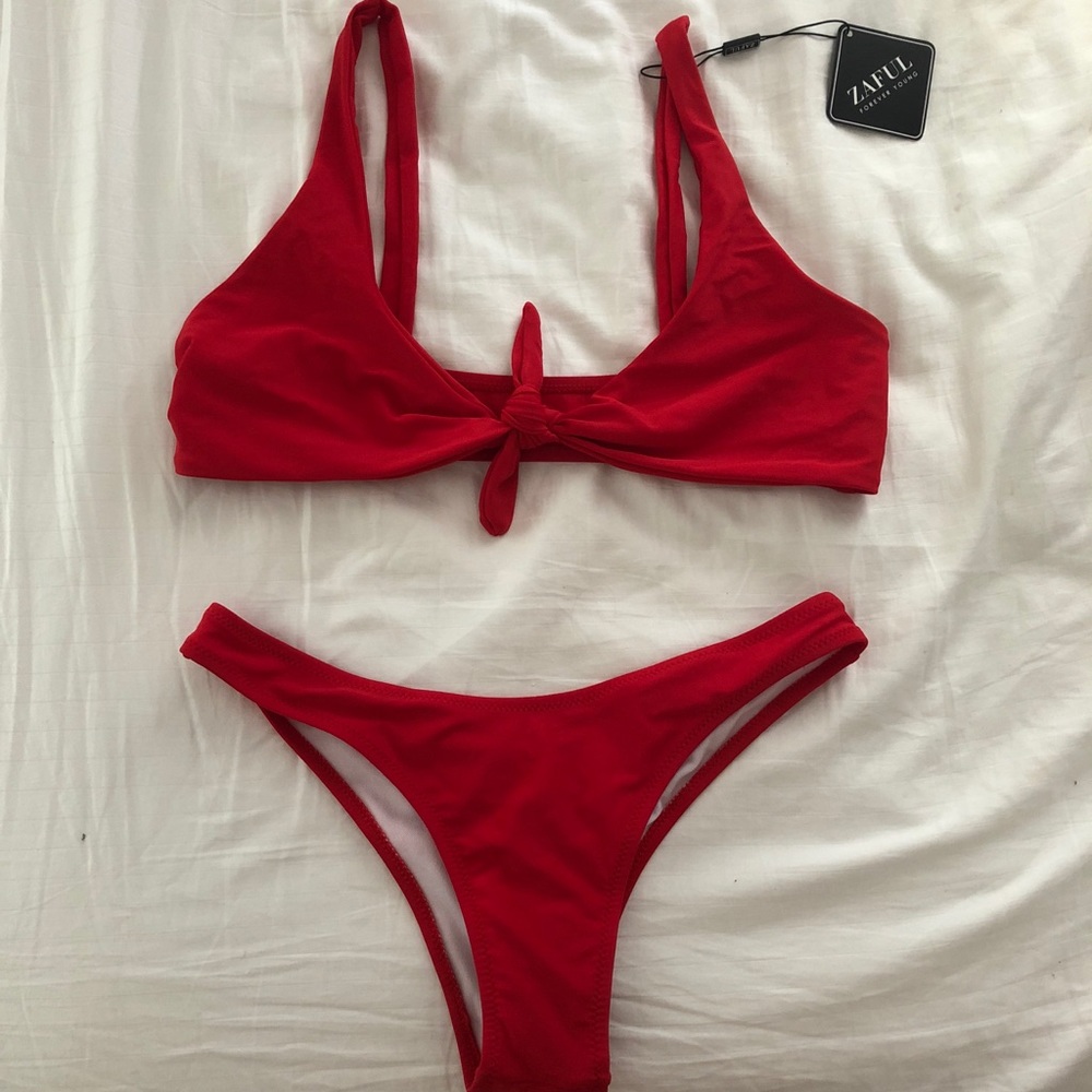 Red tie front bikini